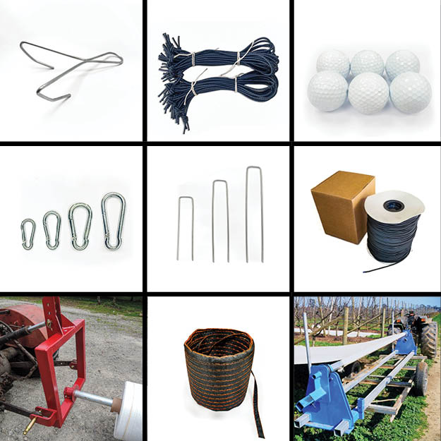 Extenday orchard accessories and deployment machinery. Heavy-duty cord, pre-looped tensioners and claws, fabric rollers for efficient field installation.